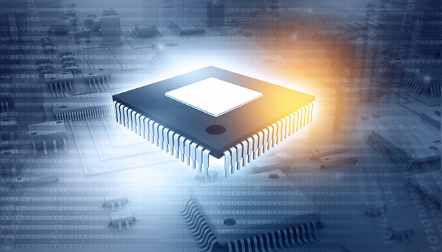 3d illustration of ic chip on circuit board