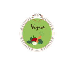 Vector round eco, bio green logo or sign. Salad, cucumber, tomato, carrots, broccoli. Vector illustration. Organic design template.