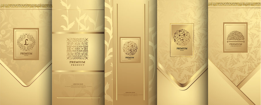 Collection of design elements,labels,icon,frames, for packaging,design of luxury products.for perfume,soap,wine, lotion.Made with Made with golden foil.Isolated on white background.vector illustration