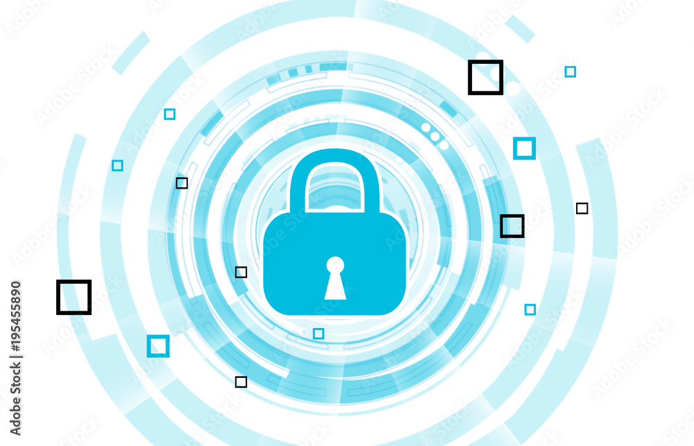 Poster cyber security concept, binary stream with closed padlock. 2d digital illustration .