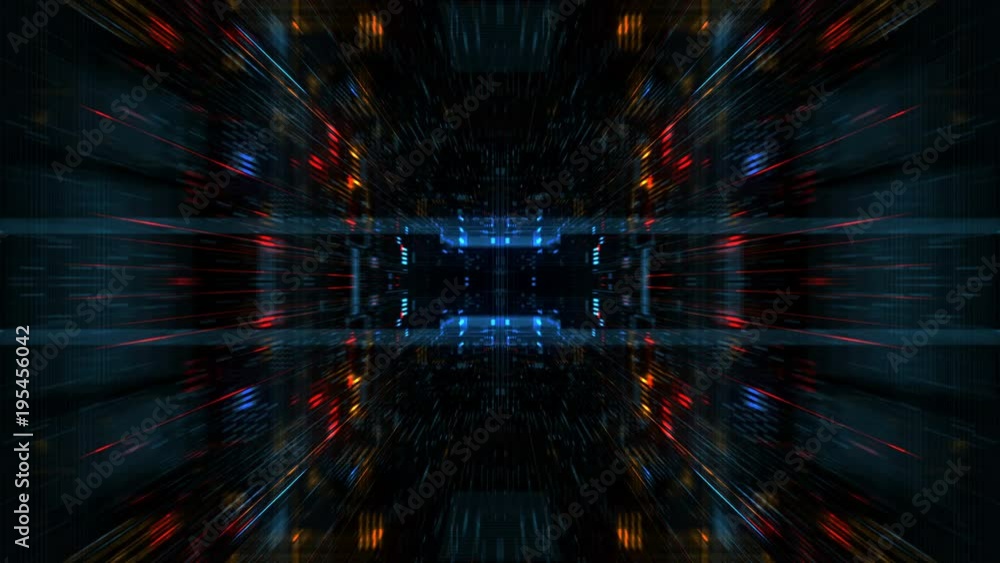 Poster abstract futuristic sci fi warp tunnel with particle grid. motion graphic for data center, server, i