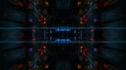 Abstract futuristic sci fi warp tunnel with particle grid. Motion graphic for  data center, server, internet, speed. Futuristic big data visualization, hi tech background. 3D rendering.