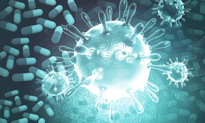 Virus with medicine on abstract background. 3d illustration