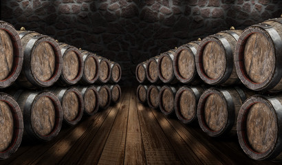 Oak wine barrels in the wine cellar.