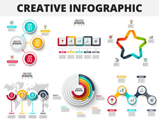 Vector abstract infographics number options template. Can be used for workflow layout, diagram, business step options, banner, web design. Circles, squares, star and map.