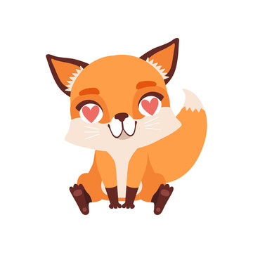 Cute fox character in love with hearts in its eyes, funny forest animal vector Illustration on a white background