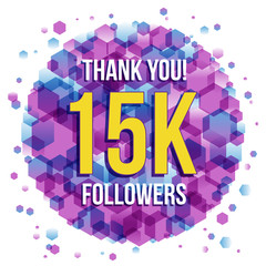 15k followers social media thank you banner. 15000 followers or fifteen thousand.
