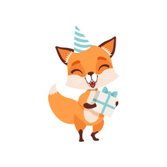 Cute fox character in party hat holding gift box, funny forest animal vector Illustration on a white background