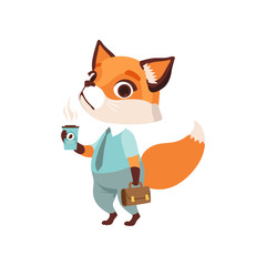 Cute fox businessman character in formal wear with cup of coffee and briefcase, funny forest animal vector Illustration on a white background