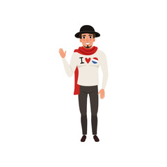 Smiling French man character dressed in traditional Parisian style waving his hand vector Illustration on a white background