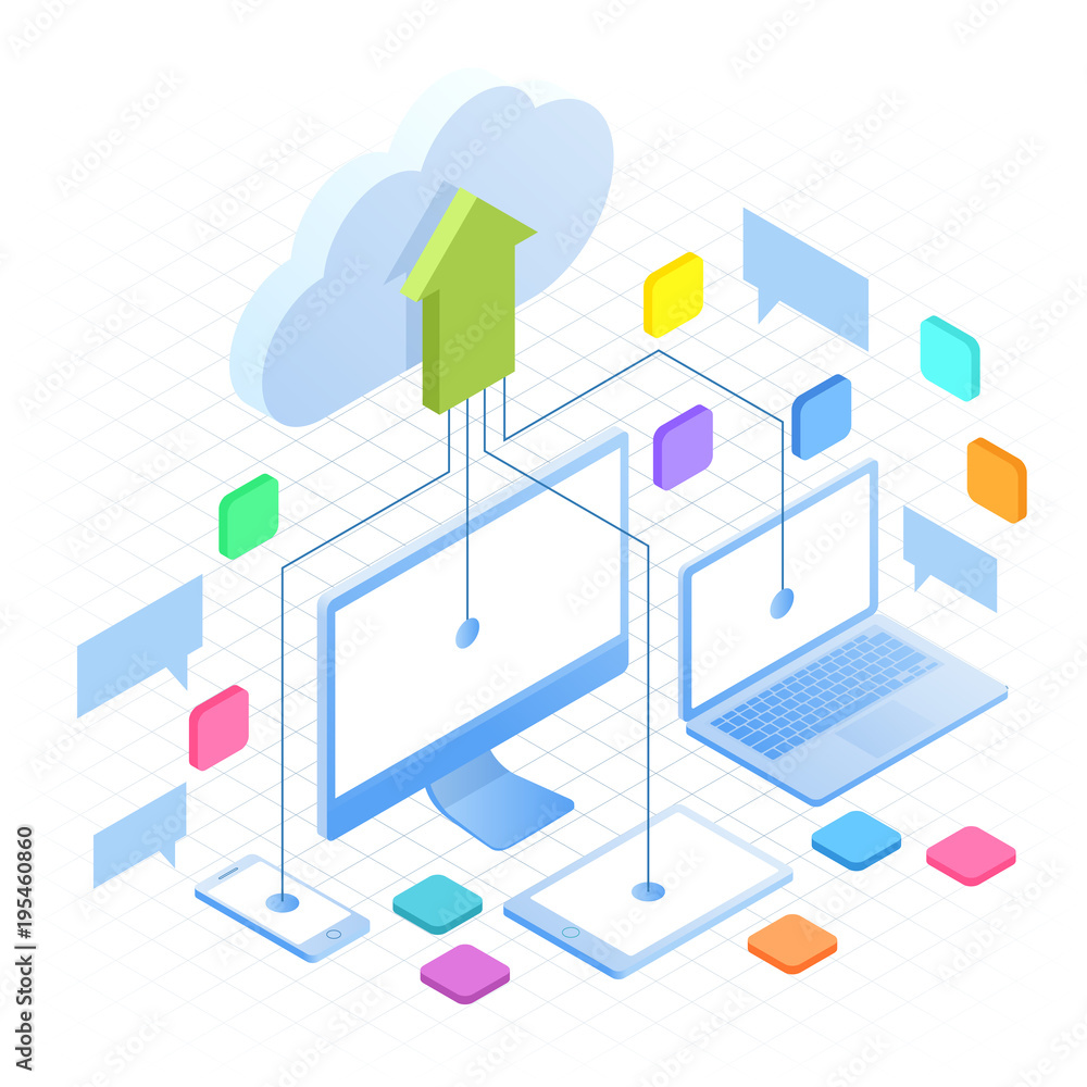 Poster isometric cloud computing concept in outline isolated on white. cloud computing services and technol