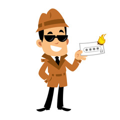 Vector drawing of a detective, he is burning a paper with a written password