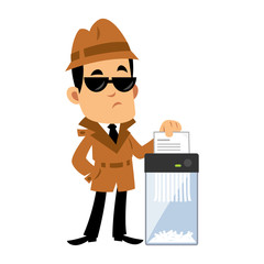 Vector drawing of a detective, he is destroying a document in a paper shredder
