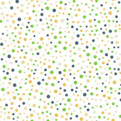 Colorful polka dots seamless pattern on white 13 background. Excellent classic colorful polka dots textile pattern. Seamless scattered confetti fall chaotic decor. Abstract vector illustration.