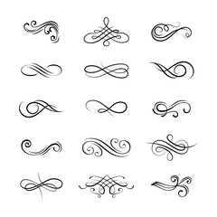 Set flourishes. Calligraphic and page decoration design elements. Swirl, scroll and divider.