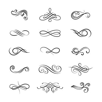 Set flourishes. Calligraphic and page decoration design elements. Swirl, scroll and divider.