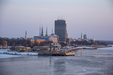 Port of Riga, Latvia. Frozen River Daugava at Winter Time