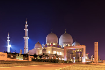 Fototapeta na wymiar Vibrant night wide angle view of grandiose beautiful mosque with minarets