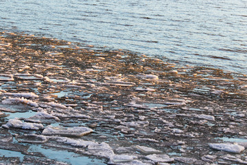 Ice on the lake in the rays of the sunset as a background