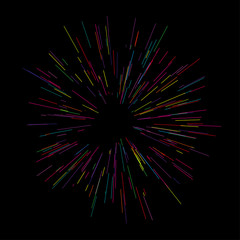 Colorful fireworks Radiating from the center of thin beams, lines. Vector illustration. Dynamic style.