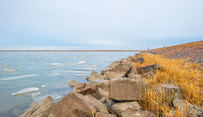 Fototapeta na wymiar Edge of a frozen lake along a dike in winter