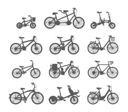 Big set of different bicycles. Silhouette