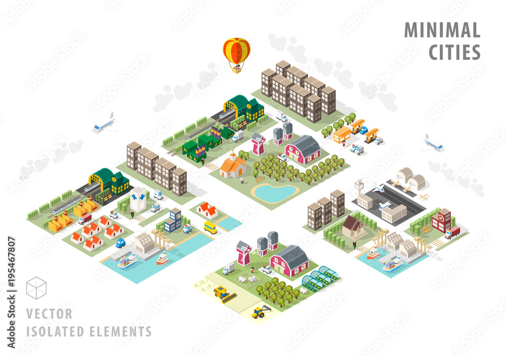 Poster set of isolated isometric minimal city maps. elements with shadows on white background
