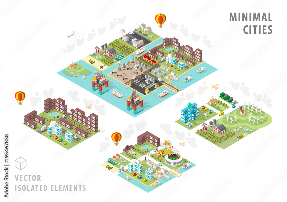 Poster set of isolated isometric minimal city maps. elements with shadows on white background