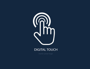 Hand Cursor logo concept. Digital Touch logotype. Vector Click icon. Screen Tap symbol. Linear style Creative vector logo. Modern mobile technology sign. Graphic Emblem for Corporate Business Identity
