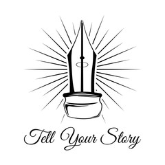 Feather pen, quill on white background with beams. .