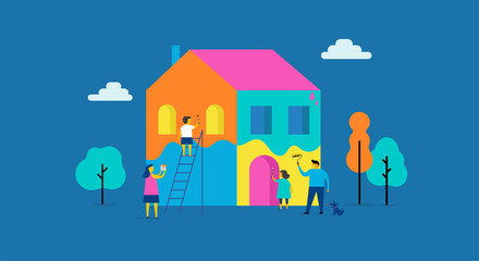 Obraz na płótnie Canvas Family is painting home, concept design. Summer outdoor scene with colorful minimalistic flat vector illustration