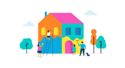 Family is painting home, concept design. Summer outdoor scene with colorful minimalistic flat vector illustration