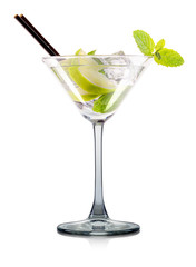 Mojito cocktail in martini glass with mint and tube isolated on white background with clipping path