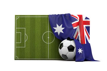 Australia country flag draped over a football soccer pitch and ball. 3D Rendering