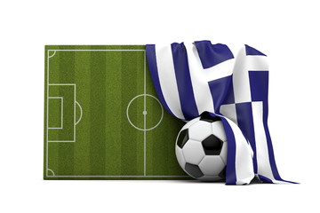 Obraz premium Greece country flag draped over a football soccer pitch and ball. 3D Rendering
