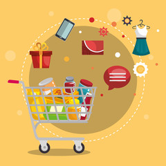 shopping cart with marketing set icons