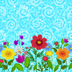 Horizontal Seamless Background, Colorful Flowers on Abstract Blue Sky Background with Spirals and Circles. Vector