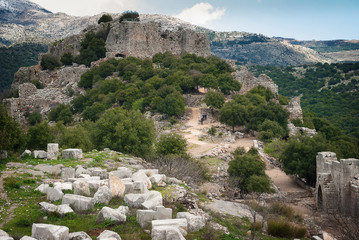 Fototapeta na wymiar Ruins of the Nimrod Fortress (Mivtzar Nimrod), a medieval fortress. National Park. An ancient castle of crusaders on the Great Rock situated in the northern Golan Heights, Israel. 