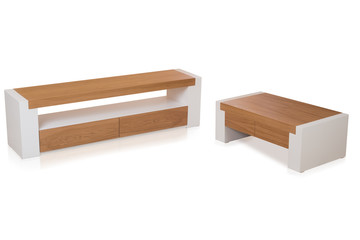Modern wooden sideboard with coffee table isolated on white background