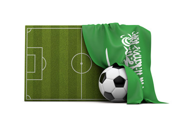 Saudi Arabia country flag draped over a football soccer pitch and ball. 3D Rendering