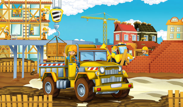cartoon scene with worker busy on the construction site - builder doing some work - illustration for children