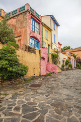Street colored facade houses, Collioure in Cote Vermeille coast.France.