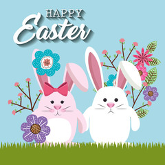 cute rabbit happy easter card vector illustration design