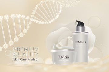 White cosmetic containers with advertising background ready to use, luxury skin care ad. illustration vector.