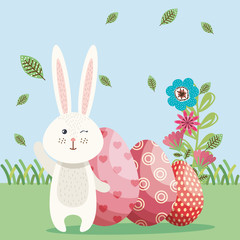 cute rabbit happy easter card vector illustration design