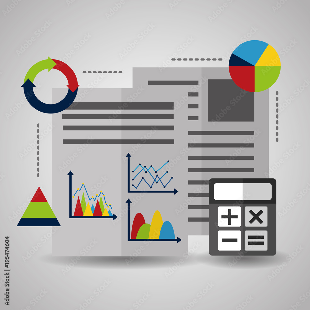 Poster statistical data paper abstract with graphs and charts calculator vector illustration