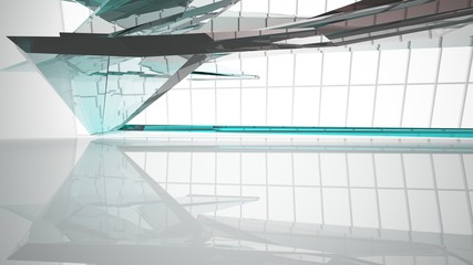Abstract white and colored gradient glasses interior multilevel public space with window. 3D illustration and rendering.