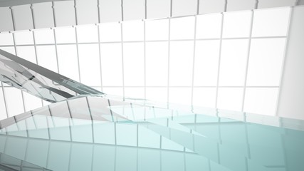 Abstract white and colored gradient glasses interior multilevel public space with window. 3D illustration and rendering.