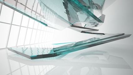 Abstract white and colored gradient glasses interior multilevel public space with window. 3D illustration and rendering.