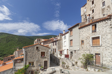 Fototapeta na wymiar Village view, small and picturesque french village,member of Les Plus Beaux Villages de France (The most beautiful villages of France).Mosset,Pyrenees-Orientales,Occitanie.France.